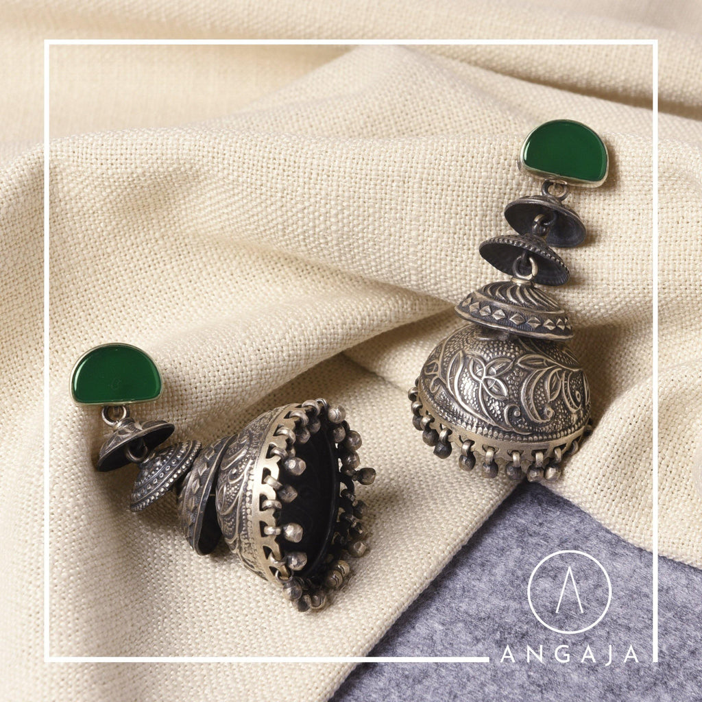 Jhumka Green Onyx - Angaja Silver