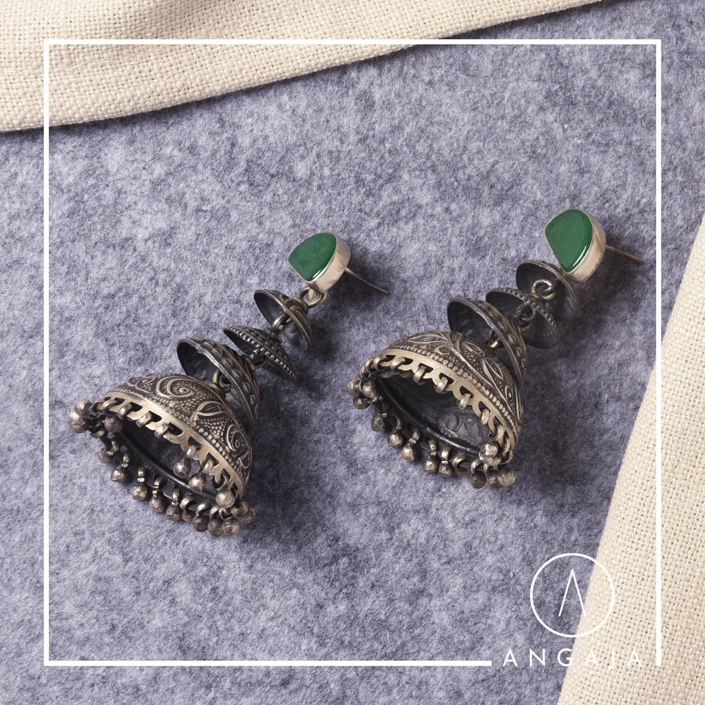 Jhumka Green Onyx - Angaja Silver