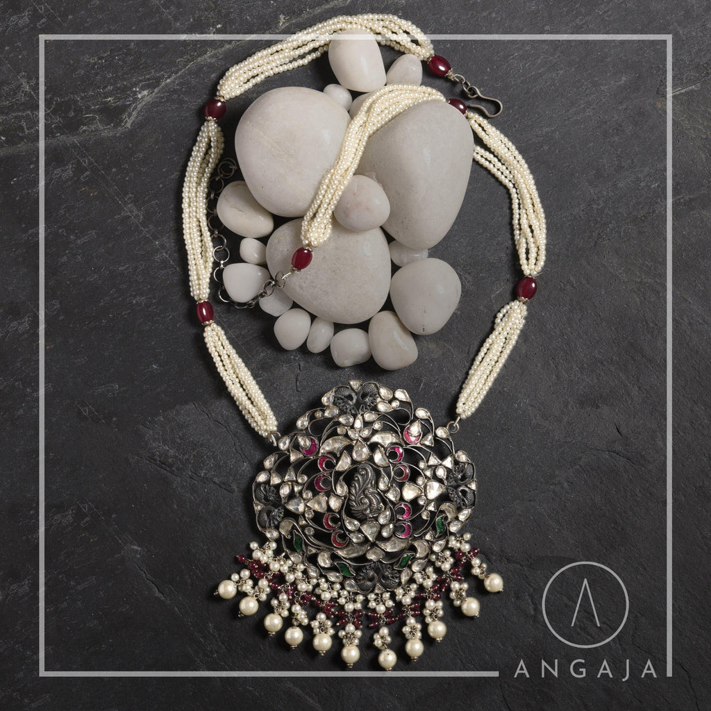 Kundan Pendant in Pearls Silver Necklace - Angaja Silver