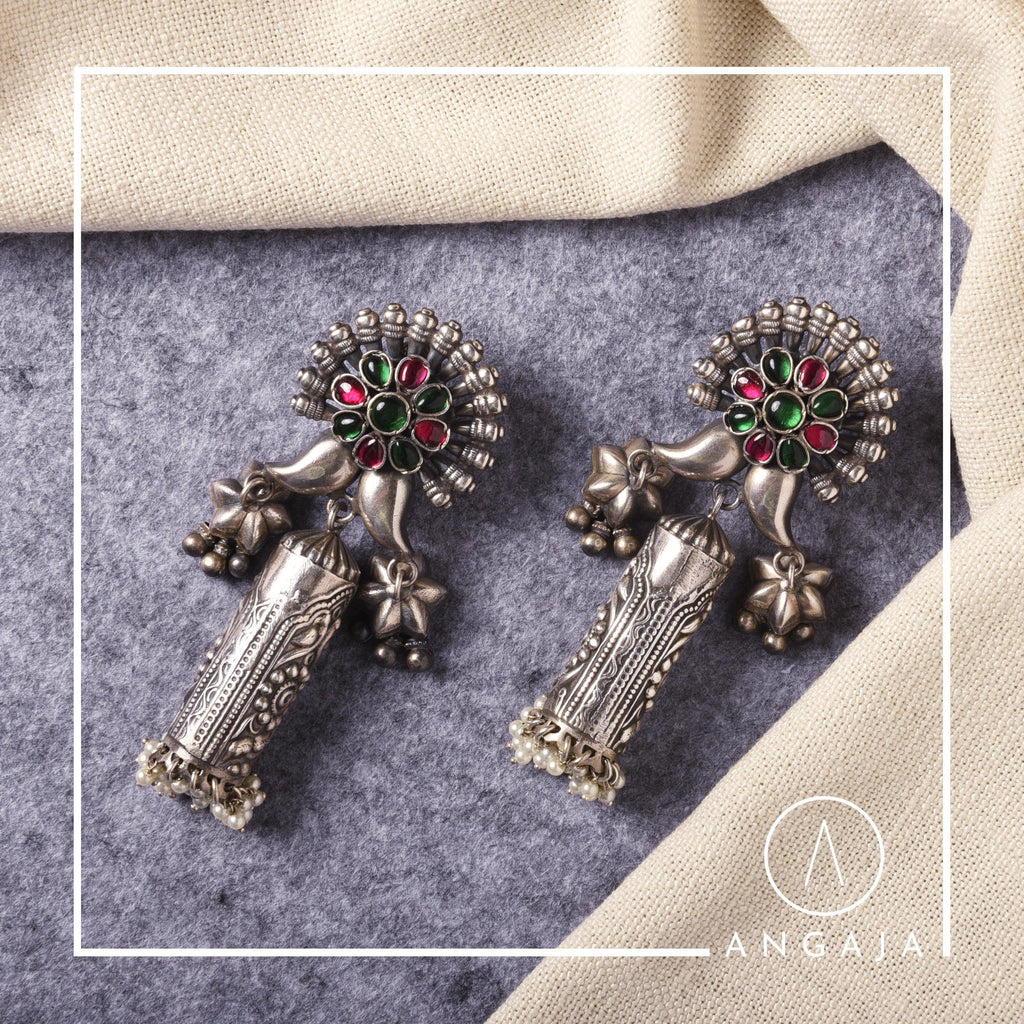 Meenakari Silver Jhumka - Angaja Silver