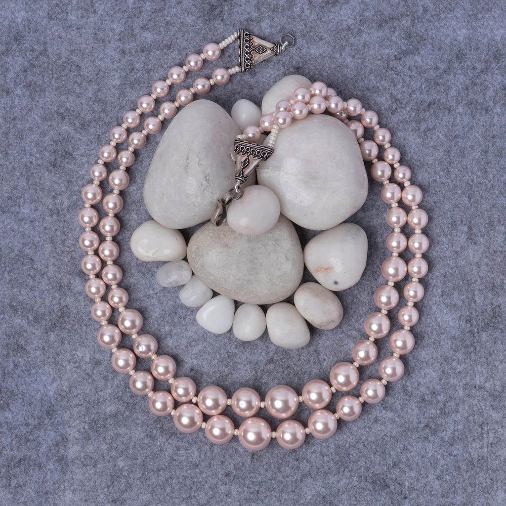 Pink Fresh Water 2 Line Pearl Mala - Angaja Silver