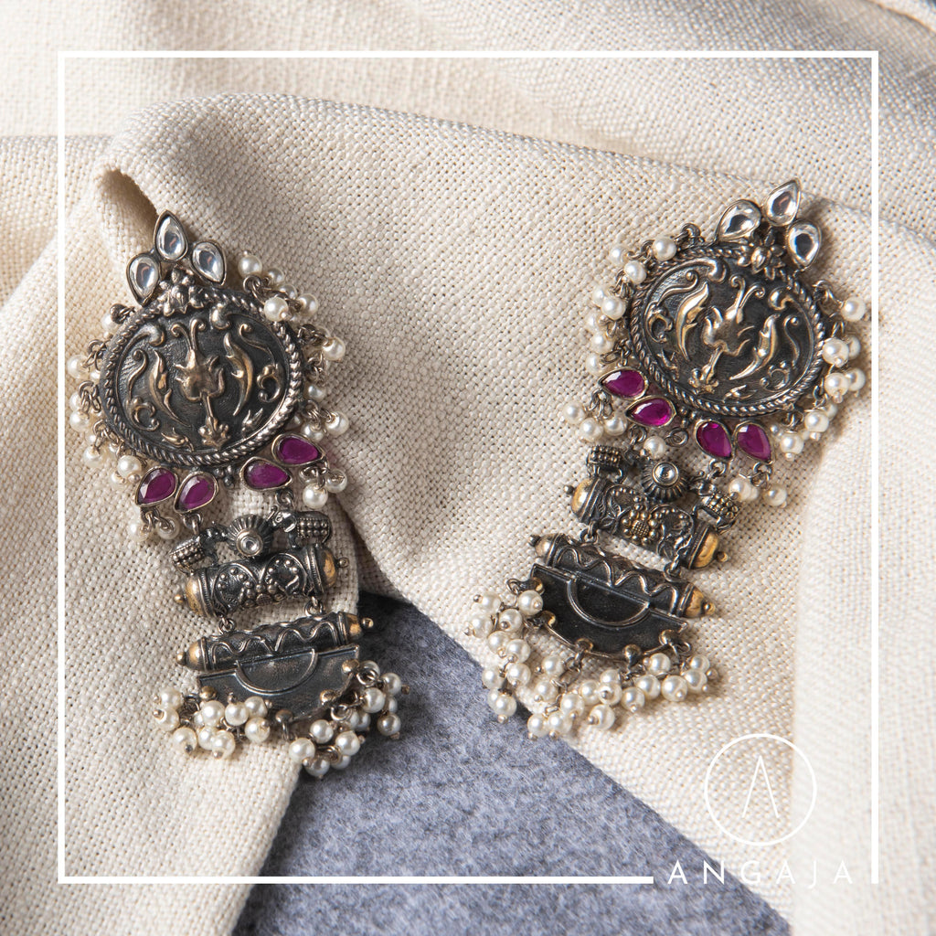 Silver Kundan Earrings - Angaja Silver